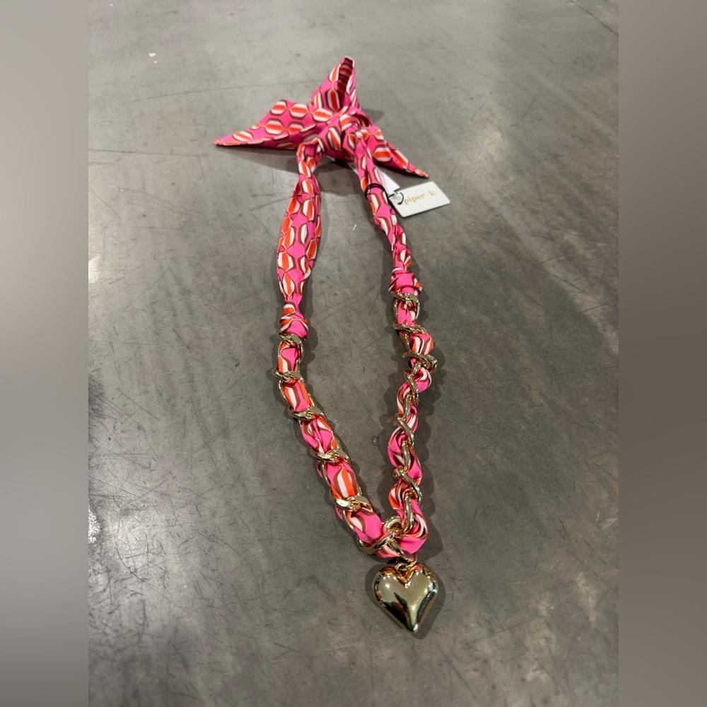 Piper K Pink and Gold scarf with gold Heart Necklace- lead safe nickle free🩷💛🩷